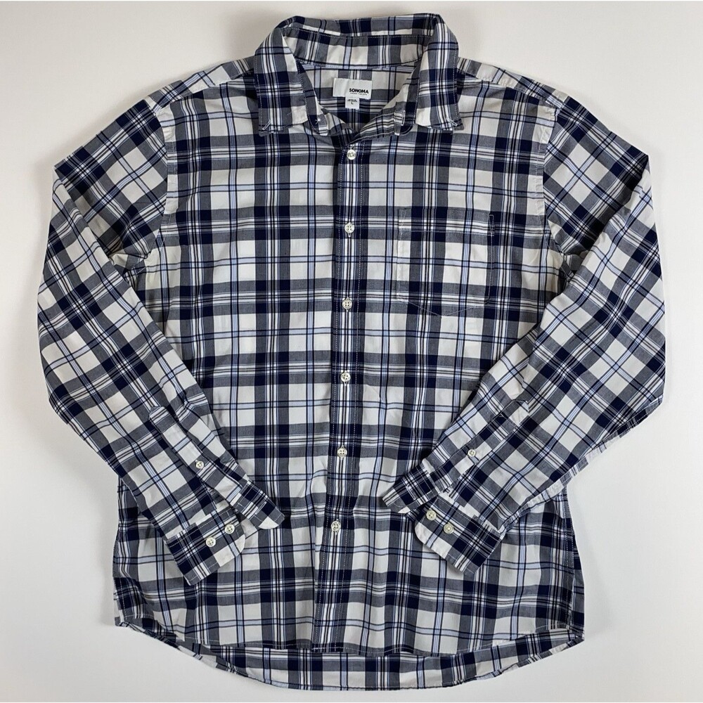 Sonoma Men's L Regular Blue White Gray Plaid Long Sleeve Button-Up Shirt